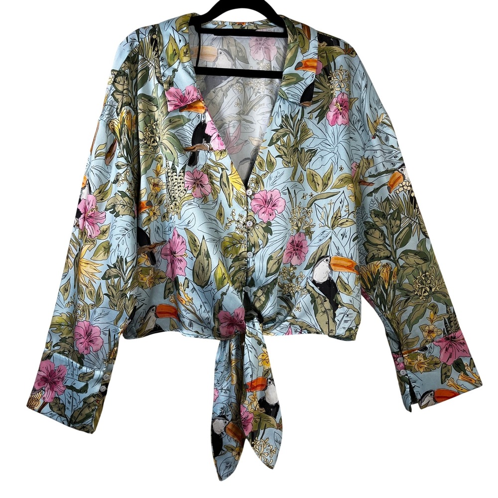 Zara Womens Tropical Toucan Floral Satin Tie Front Blouse L Blue Vibrant